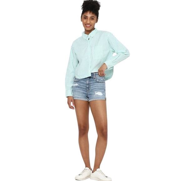 American Eagle Cropped Button Up Shirt Women M Striped Green Flip Cuff Oversized - Picture 16 of 16